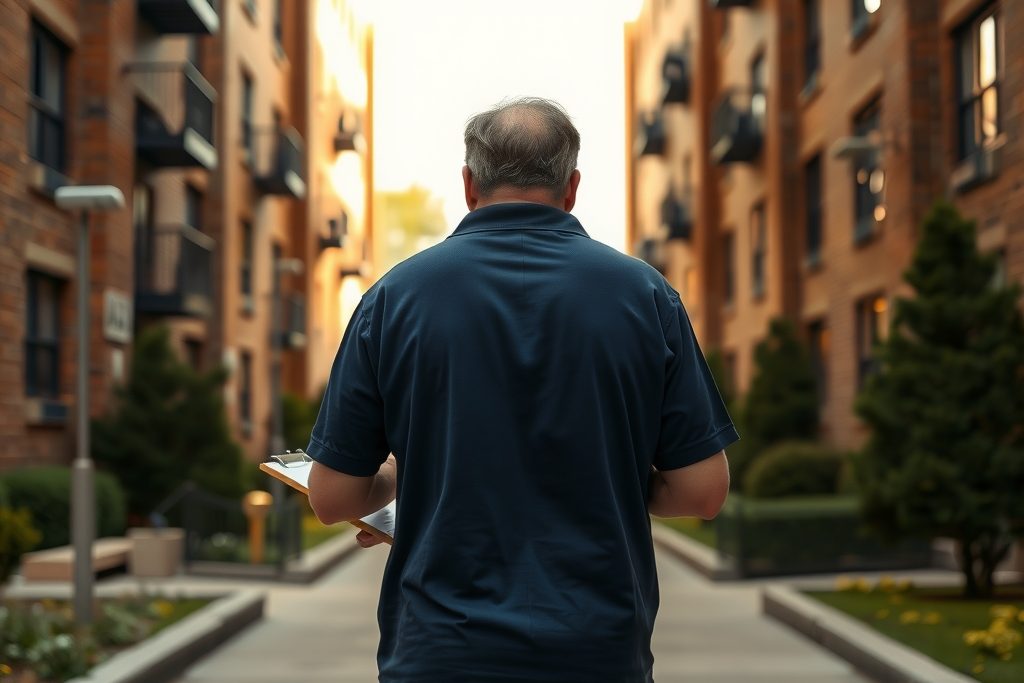 A property manager walking a building with a clipboard