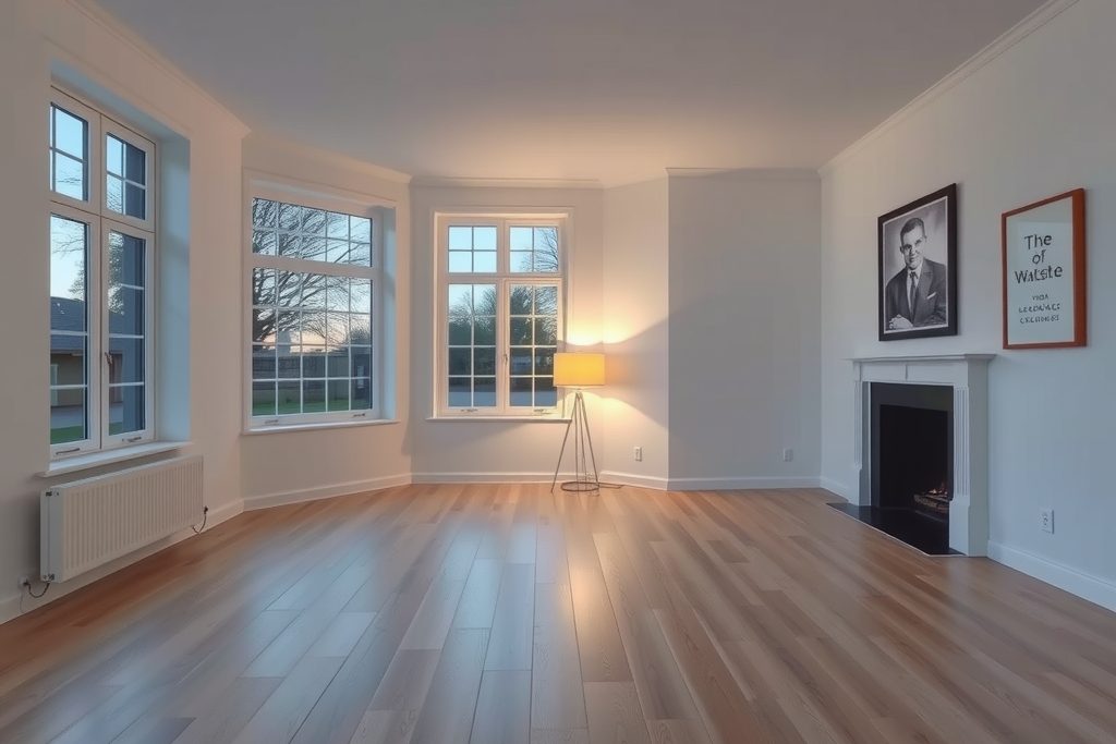 A living room in a home we manage, photographed at dusk